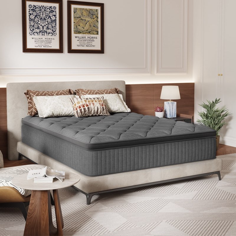 NISIEN King Size Bed Frame, Platform Bed with Charging Station and Storage Upholstered Headboard, Gray