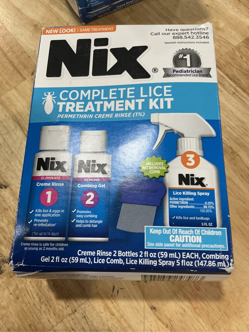 Condition photo showing New/Like New for exp; 4/2026 nix complete lice treatment kit for home and hair, with permethrin crème rinse, combing gel, lice comb, and home spray for bedding and furniture 1 count (pack of 1)