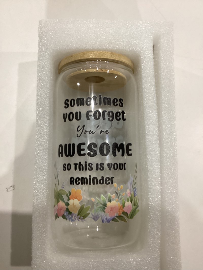 Condition photo showing As Is for (Similar to) (has flowers on glass) AGH Inspirational Gifts for Men Women, Sometimes You Forget You're Awesome 16OZ Glass Coffee Tumbler, Thank You Gifts for Dad, Husband, Friends on Fathers Day Birthday Glass Coffee Cup with Bamboo Lid Frosted