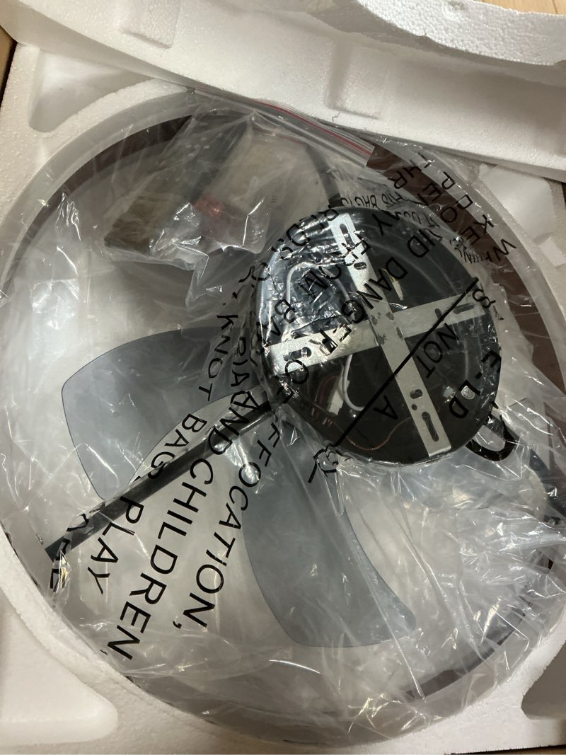 Condition photo showing New/Like New for VOLISUN Low Profile Ceiling Fans with Lights and Remote, 19.7in Farmhouse Ceiling Fans with Light Flush Mount, 3000K-6500K Dimmable Fandelier LED Fan Light, Bladeless Ceiling Fans for Bedroom Walnut 19.7 INCH