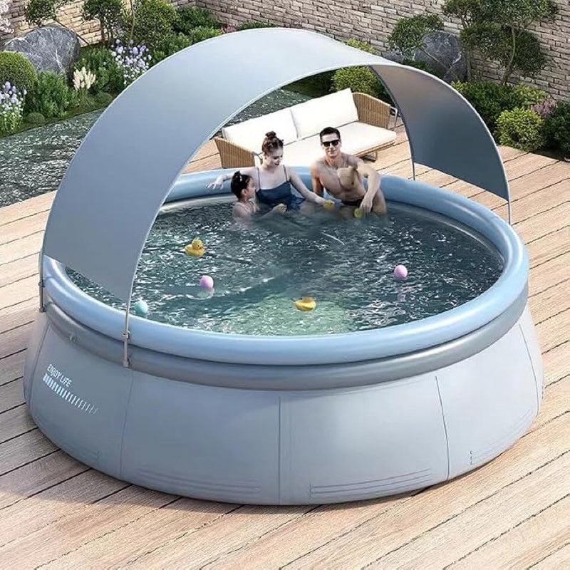 large inflatable swimming pool with canopy outdoor above ground round ring awning pools for kids and adults, backyard lawn family pool grey (large 9.8ft x 26inch)