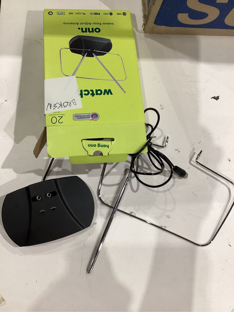 Condition photo showing As Is for onn indoor tv antenna with easy adjust, 20 miles range, includes coaxial cable, supports nextgen tv, 4k/8k hd, uhf and vhf