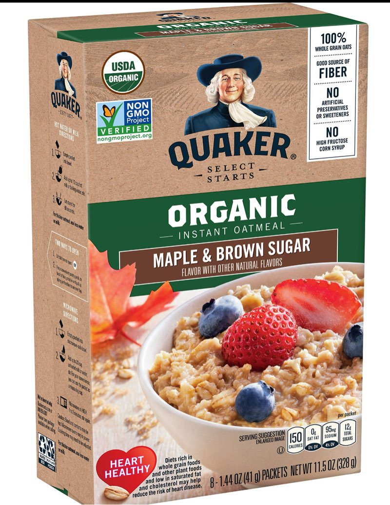 quaker instant organic oatmeal maple & brown sugar breakfast cereal, 8 packets per box (pack of 6 boxes)