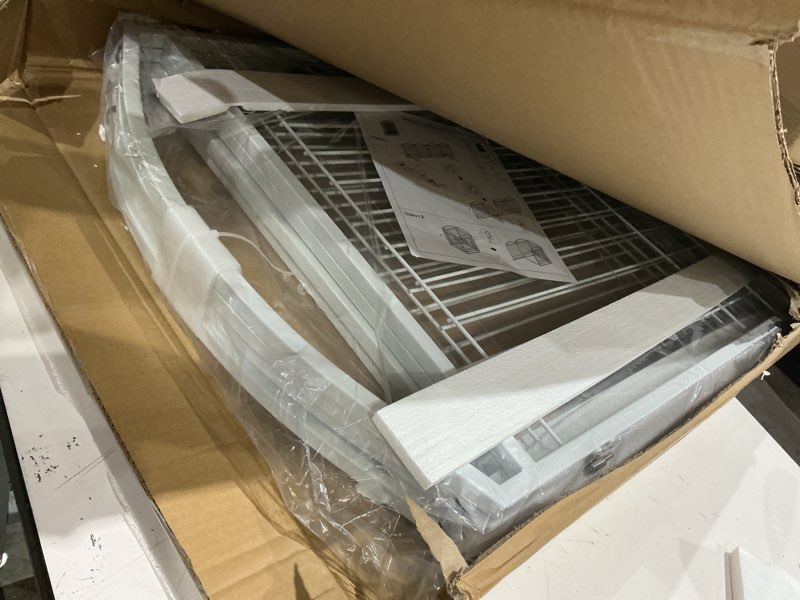 Condition photo showing Good Condition for folding no-assembly metal freestanding dog gate with door walk through,32" height pet fence,96" extra wide accordion puppy folding playpen for doorways,house,stairs (4 panels,white) 4 panels with door 32"h*96"w white