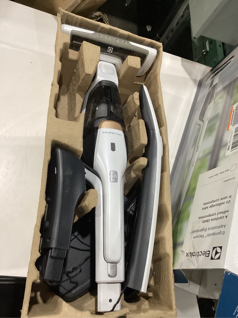 Condition photo showing As Is for USED NOT TESTED MISSING ATTACHMENTS Electrolux Ergorapido Cordless 2-in-1 Vacuum Cleaner with High Suction Power and 180° EasySteer Mobility, 48-Minute Run Time, 2 Power Modes, Satin White