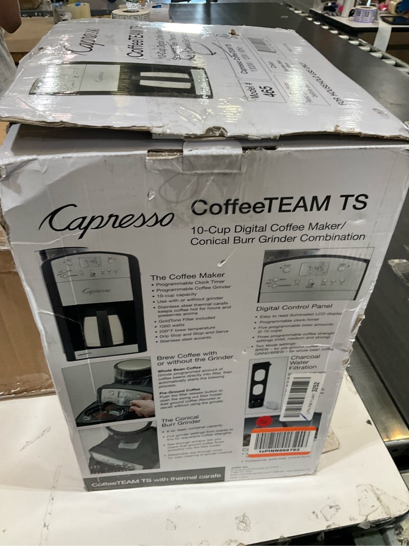 Condition photo showing As Is for capresso 465 coffeeteam ts 10-cup digital coffeemaker with conical burr grinder and thermal carafe stainless steel carafe coffeemaker