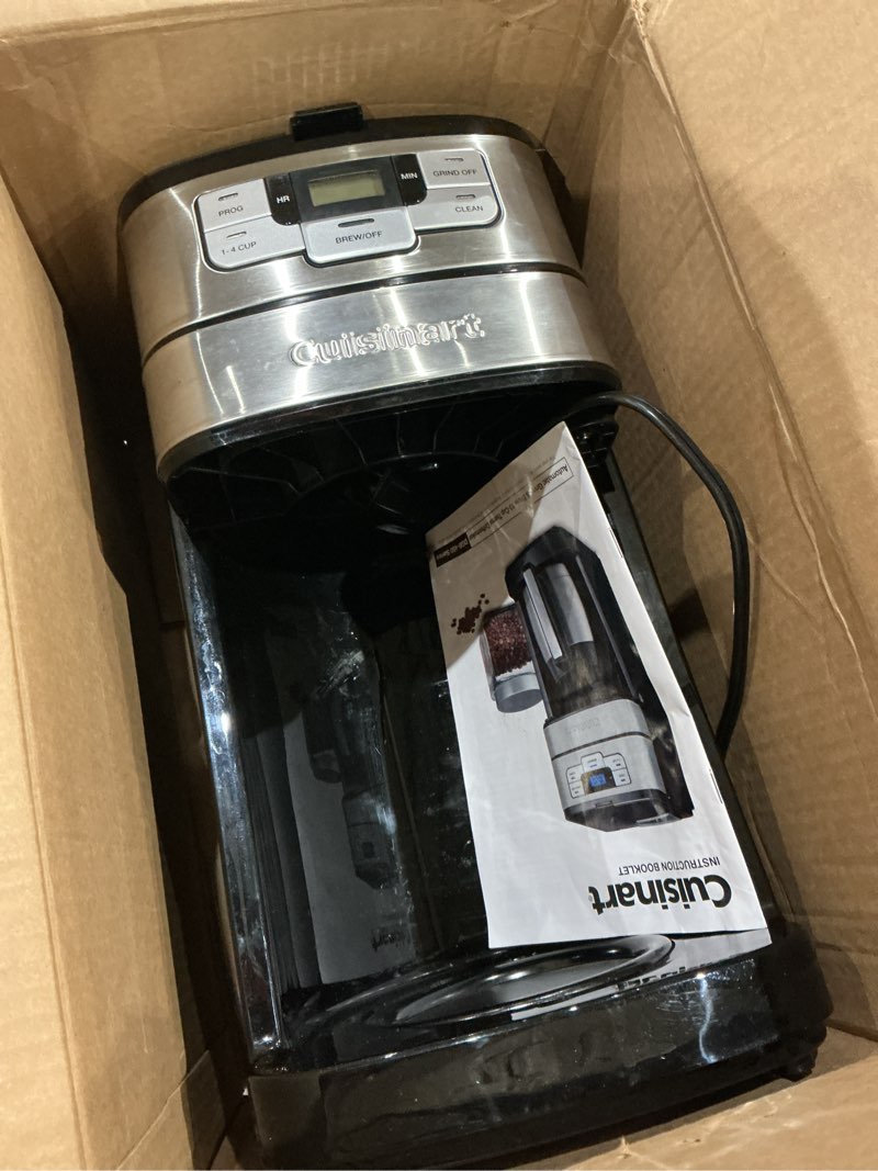 Condition photo showing As Is for cuisinart automatic grind & brew 10-cup coffee maker with blade grinder, programmable coffee machine glass carafe with 1-4 cup setting, brew pause, grind-off option, dgb-450nas, black/stainless steel 10-cup thermal automatic grind & brew black/stainless