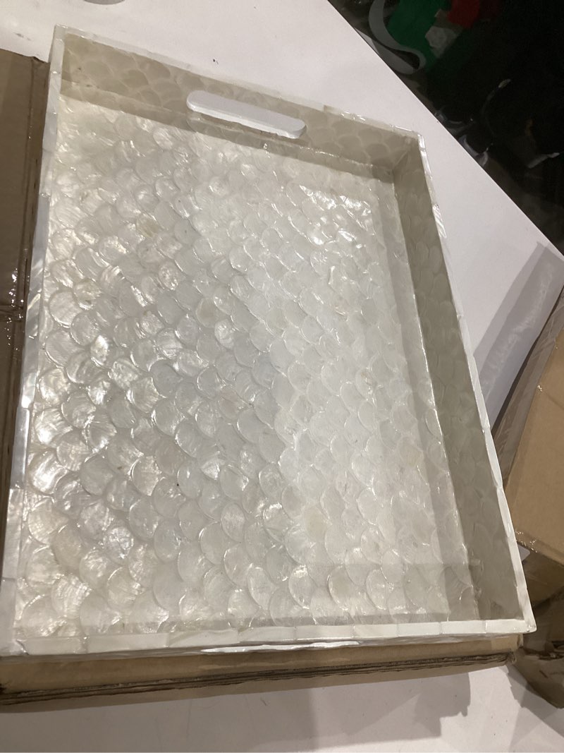 Condition photo showing Good Condition for chi an home capiz decorative tray 15.8” x 11.8” x 1.8" rectangular tray, natural handmade serving tray with handles for coffee tables, ottoman, vanity, kitchen, coastal boho home decor, white