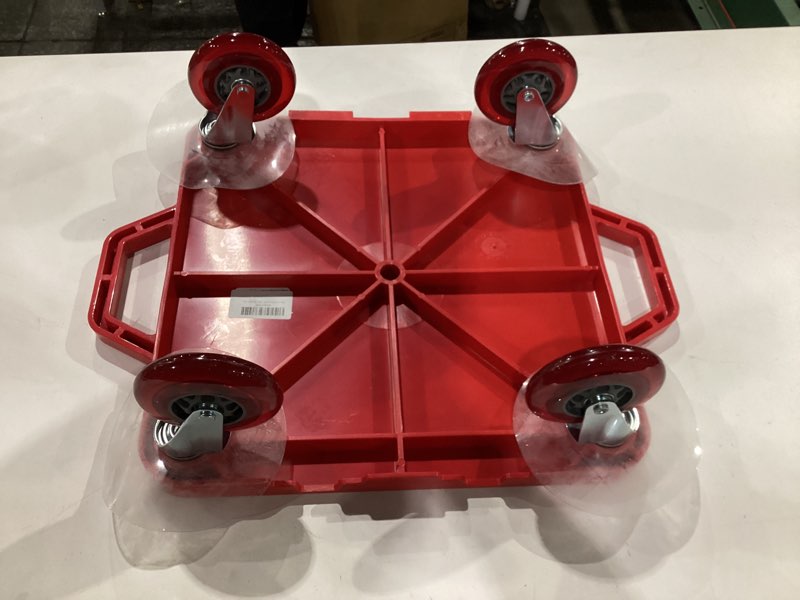 Condition photo showing As Is for cosom scooter board, 16 inch premium sit & scoot board with 4 inch non-marring performance wheels, double race bearings, & safety handles, physical education class equipment red 16-inch