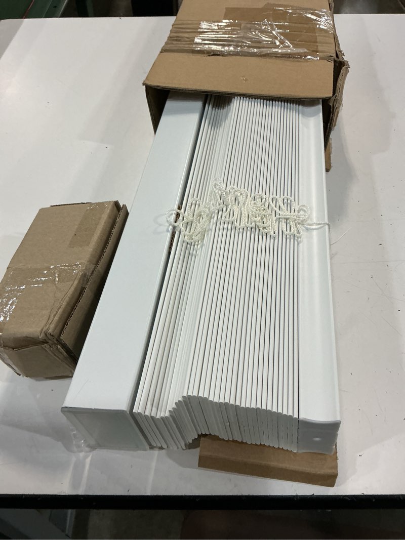 Condition photo showing Good Condition for lotus & windoware cordless, 2 inch faux wood blind, 34.5" wide x 60" long, window blinds, blinds & shades, blinds for indoor windows, embossed, bright white