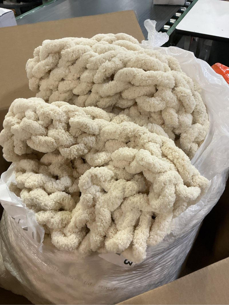 Condition photo showing As Is for L'AGRATY Chunky Knit Blanket Throw - Soft Chenille Yarn Throw Blanket 40x50: Handmade Thick Cable Crochet Blankets - Large Blankets Chunky Yarn - Rope Knot Throw for Couch Sofa Bed Home Decor Ivory 40"x50"