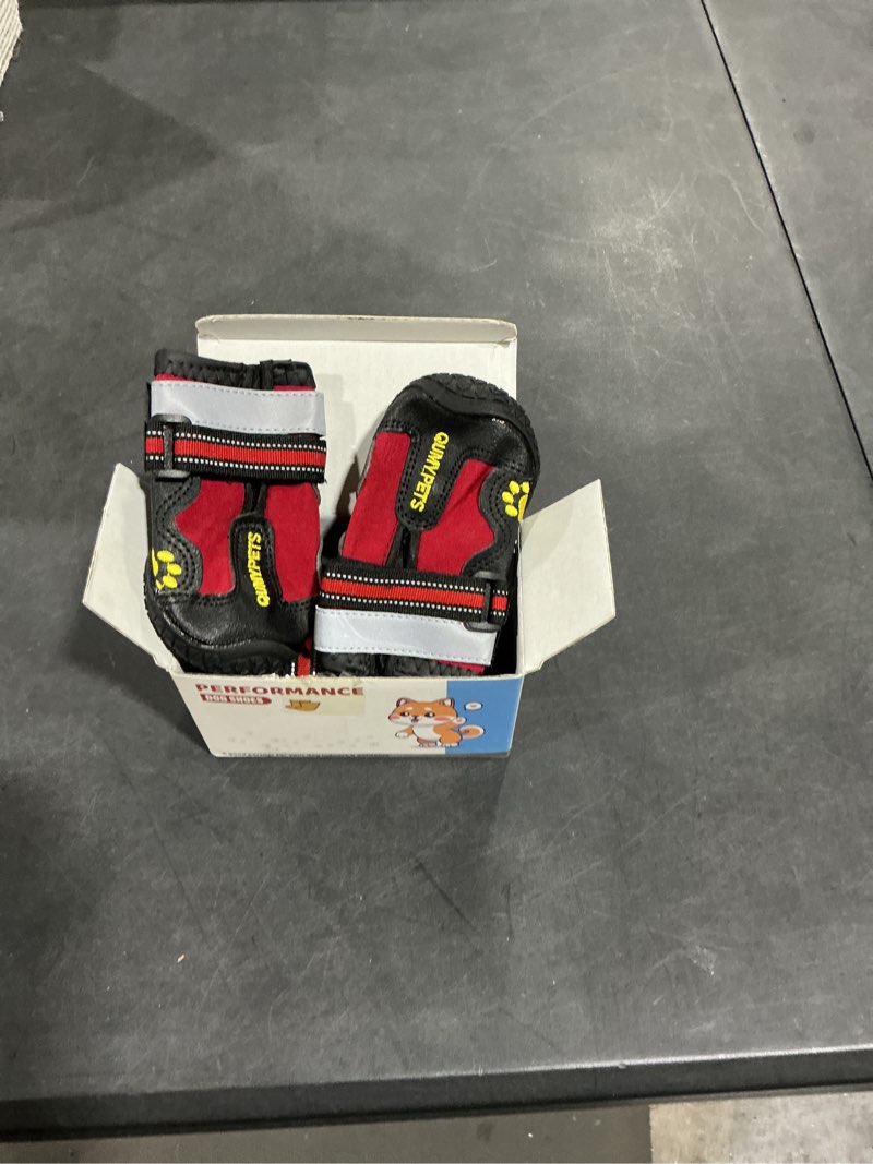 Condition photo showing Good Condition for QUMY Dog Shoes for Large Dogs, Medium Dog Boots & Paw Protectors for Winter Snowy Day, Summer Hot Pavement, Water-Resistant in Rainy Weather, Outdoor Walking, Indoor Hardfloors Skid-Resistant Sole Red Size 3: 2.0''x2.5''(W*L) (Pack of 4)