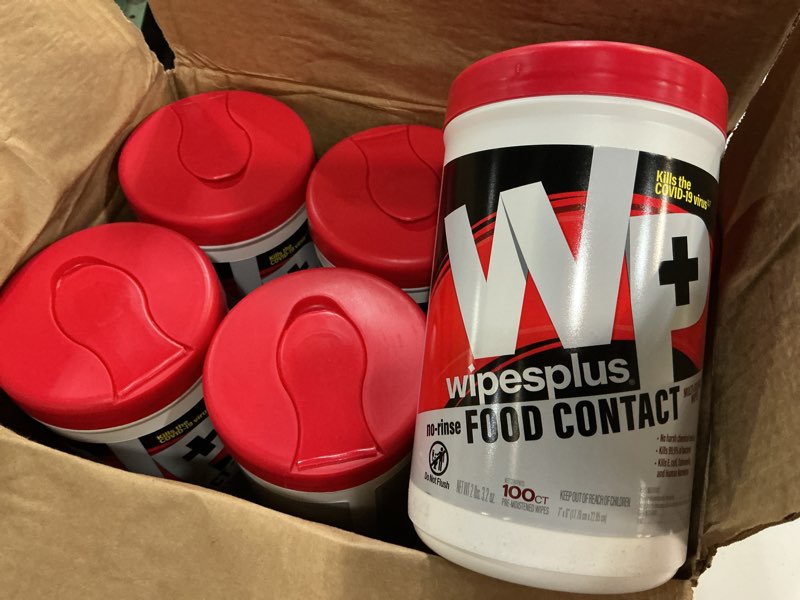 Condition photo showing New/Like New for wipesplus cleaning wipes all purpose food contact - no rinse, no residue, quick dry formula, disinfecting wipes for restaurants, foodservice, schools - canister, 100 count, (pack of 6) 100 count (pack of 6)