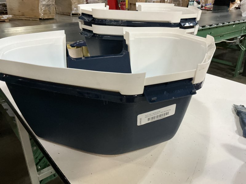 Condition photo showing New/Like New for iris usa cat litter box - enclosed corner litter box with scoop, hooded litter tray for corners, space-saving covered litter box, odor defensive, navy/white corner enclosed navy