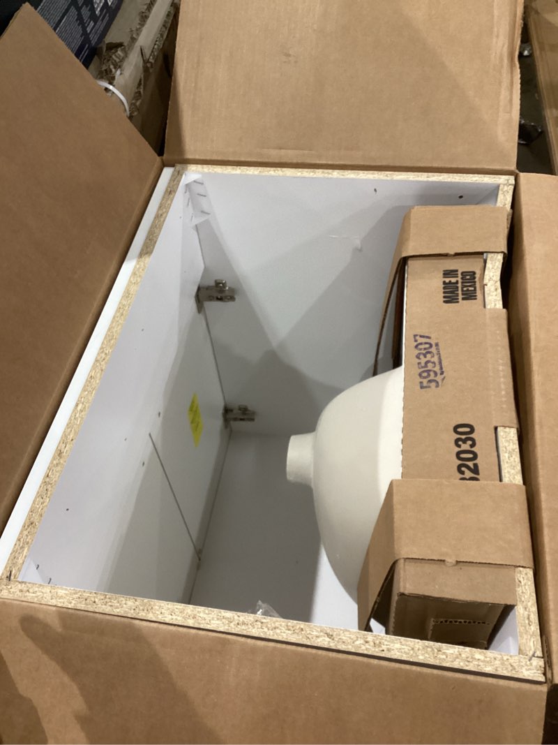 Condition photo showing As Is for project source jax 24-in true white single sink bathroom vanity with white cultured marble