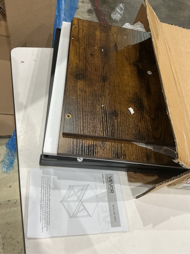 Condition photo showing Good Condition for vevor end table 18" square, 2-tier side table with open storage shelves, industrial nightstand bedside table with metal frame & wood top, small sofa table for living room, bedroom, office, dorm 18" x 18" x 20"