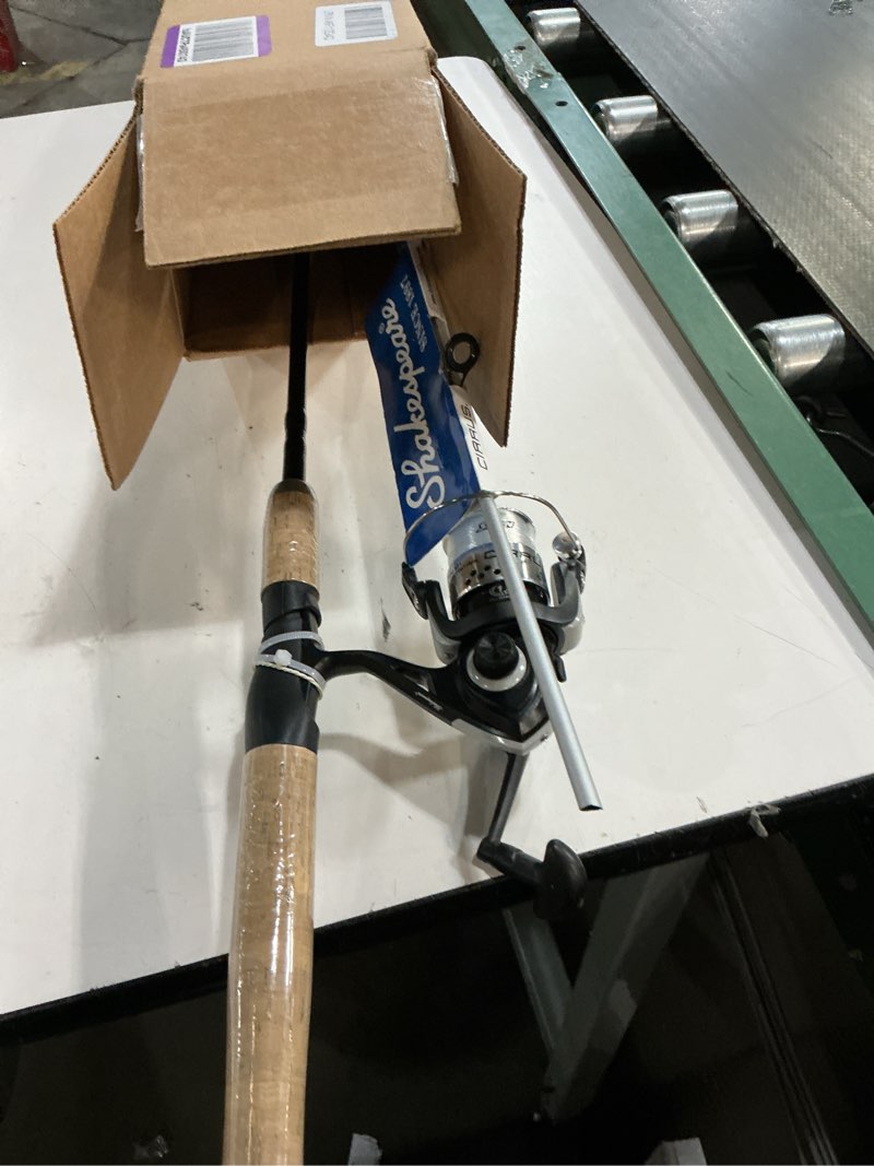 Condition photo showing As Is for shakespeare cirrus 6'6" spinning fishing rod and reel combo, 2-piece graphite rod blank, size 30 spinning reel, pre-spooled with monofilament fishing line