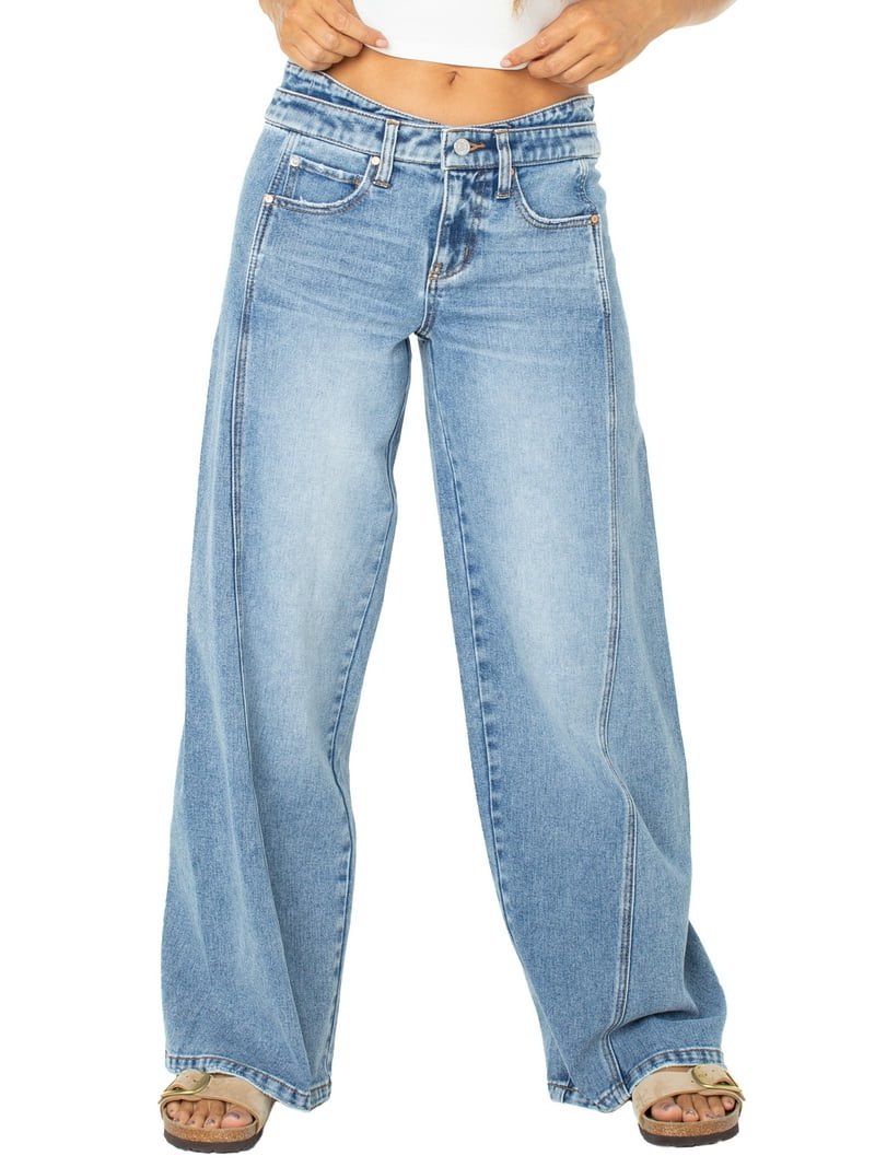 celebrity pink women's low rise double waistband wide leg jeans, sizes 15-32