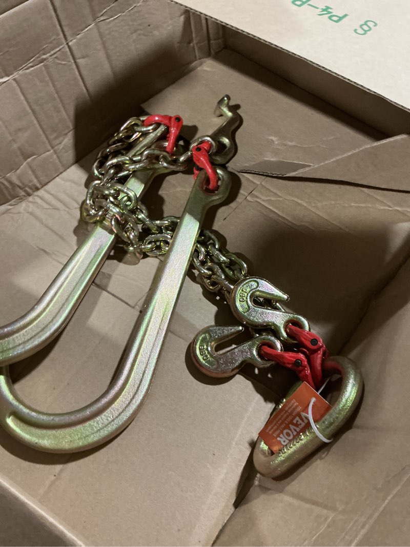 Condition photo showing As Is for obstacle car towing rope flatbed truck trailer safety tow chain - 4/5t working load limit, breakdown car j type trailer hook, j hook tow chain v bridle with large shank j hooks and grab hooks(gold,4t)
