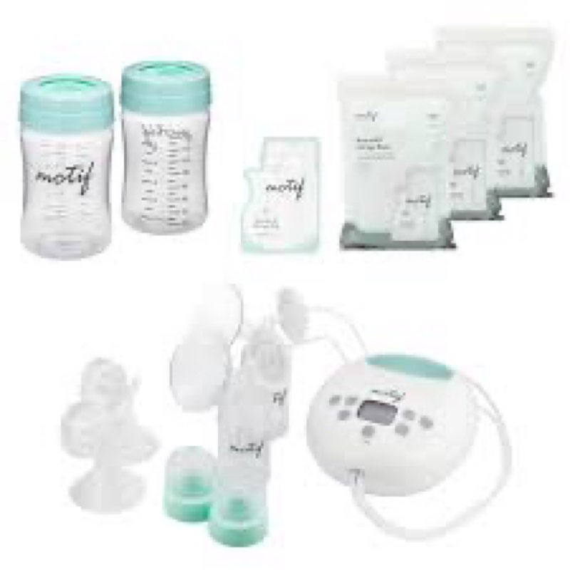 motif luna double electric breast pump bundle with milk storage bottles and bags, easy to use, quiet motor, built-in led night light
