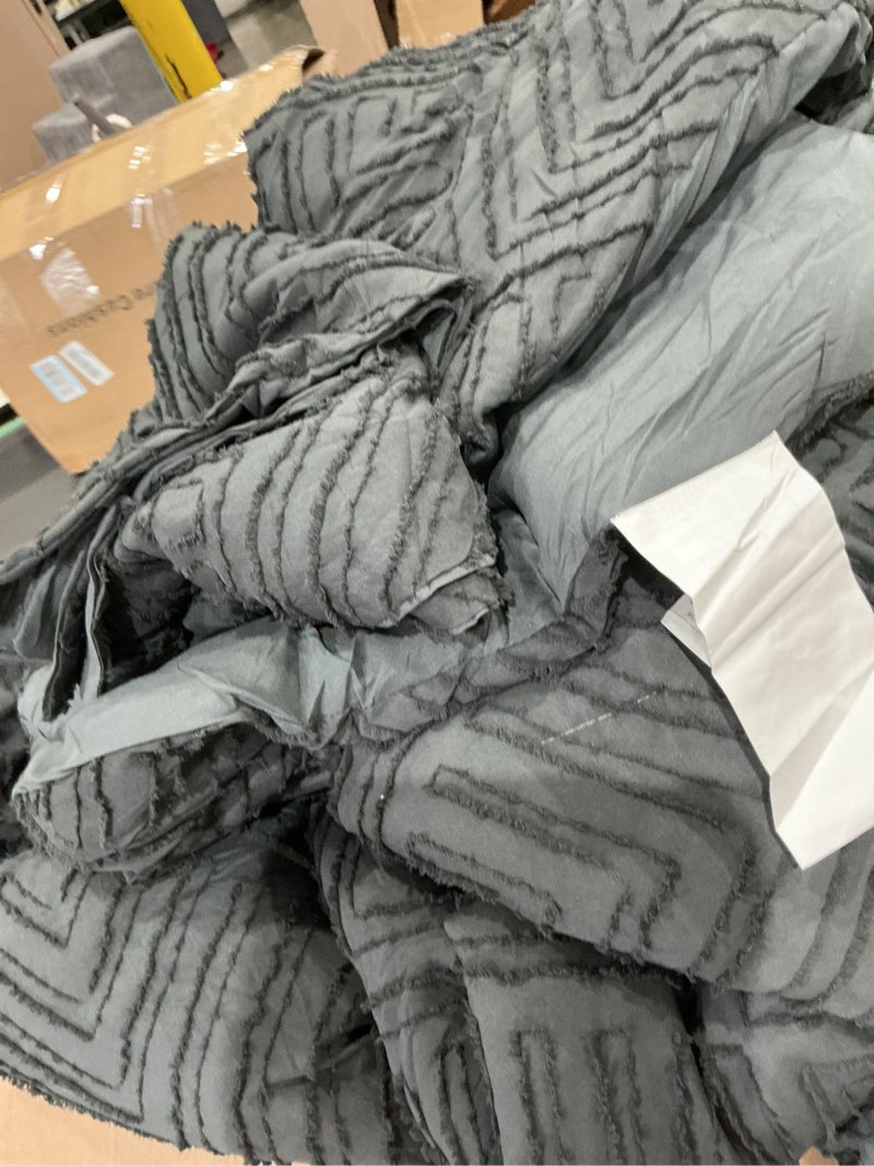Condition photo showing As Is for comforter set - grey comforter, 3 pieces farmhouse bed set for all seasons.