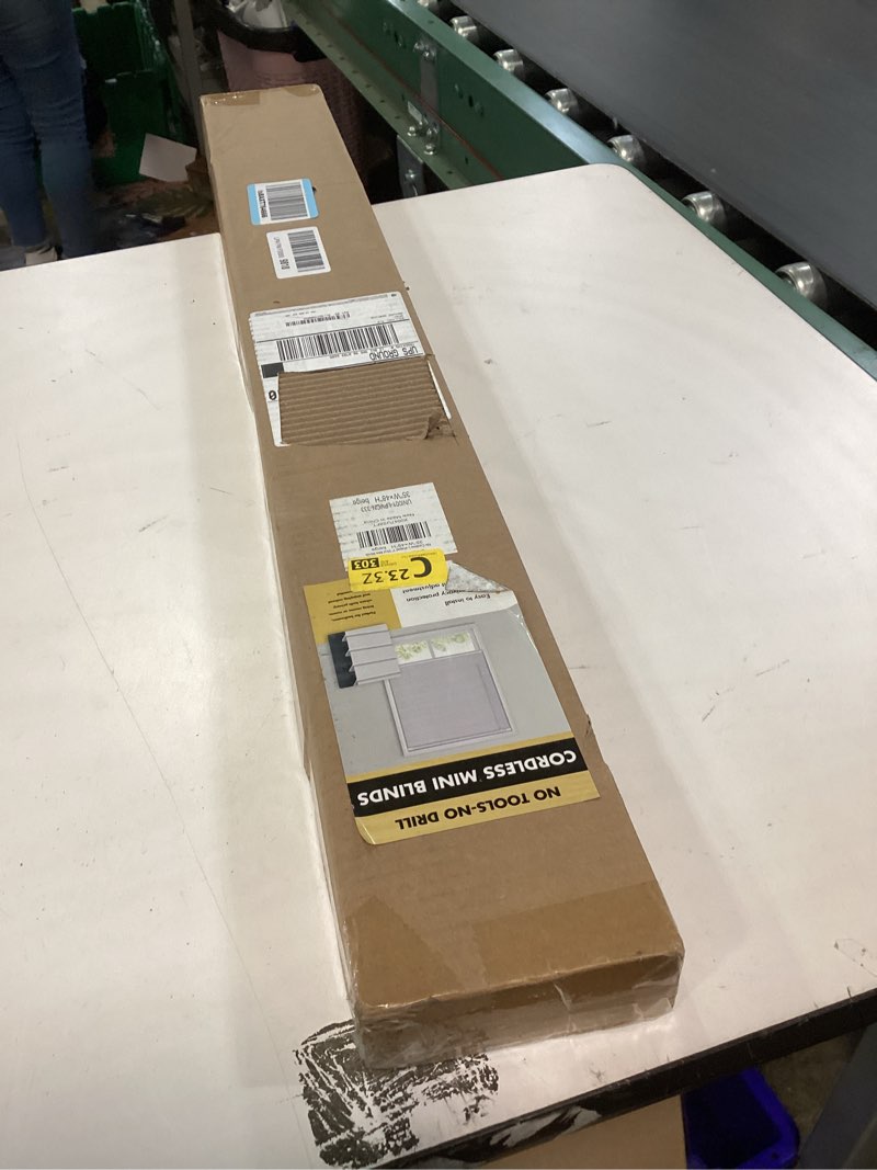 Condition photo showing New/Like New for no drill blinds for windows 1" vinyl l-shaped slats cordless mini blinds for home, for window size 35" w × 48" h beige beige 35" w × 48" h