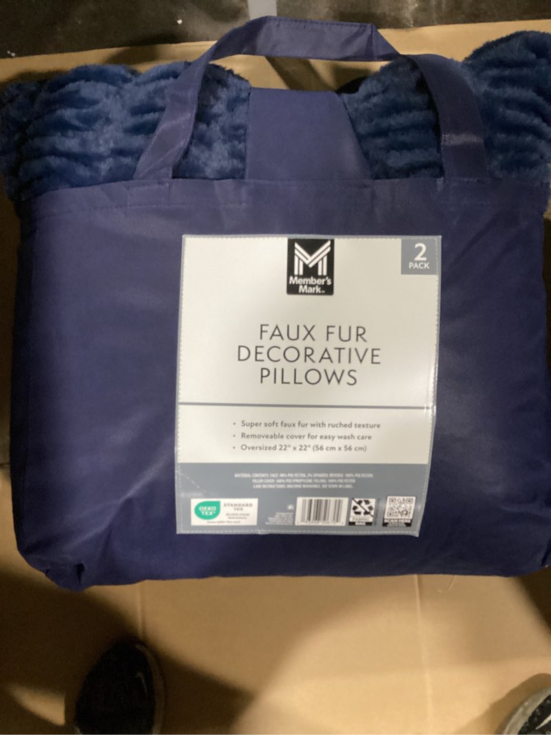 Condition photo showing New/Like New for member's mark 2-pack ruched faux fur decorative pillows, 22" x 22" blue