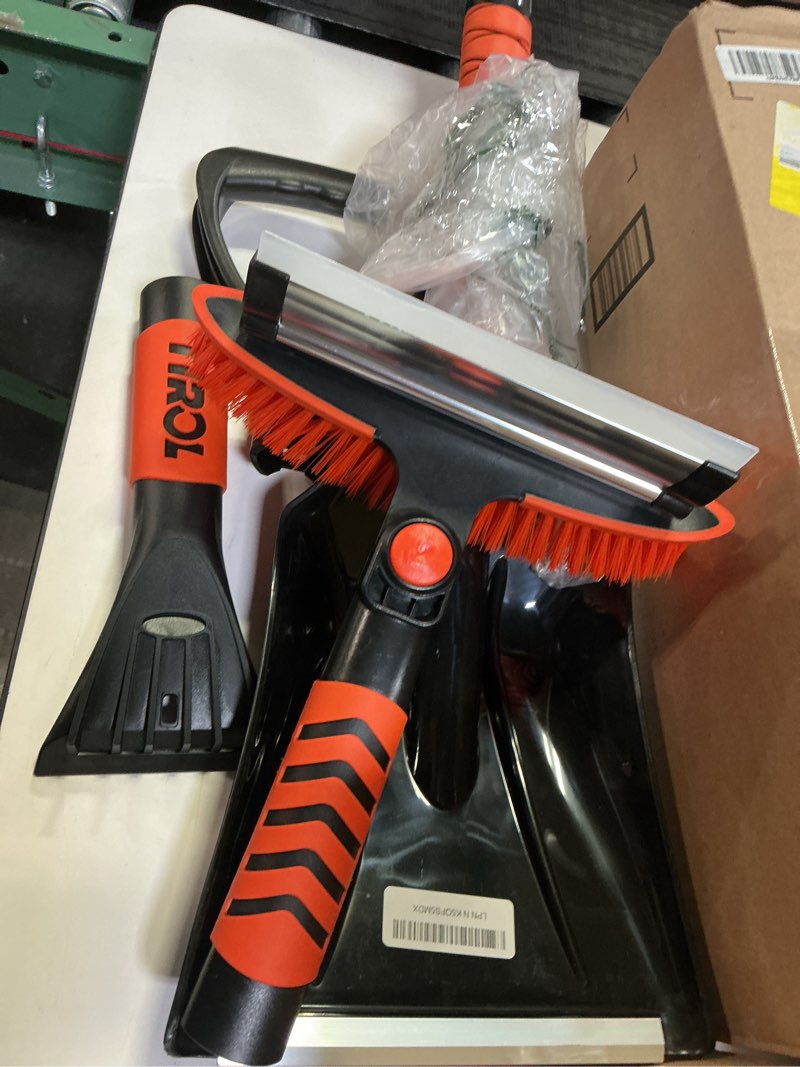 Condition photo showing As Is for 42'' ice scraper and extendable snow brush emergency snow shovel snow broom with foam grip 180° pivoting brush head snow scraper for cars, trucks, suvs, vehicle