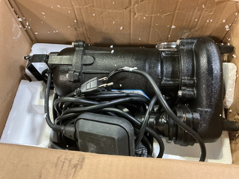 Condition photo showing As Is for 1hp sewage grinder sump pump, 110v 6400gph cast iron submersible effluen pumps with auto float switch and adapter for basement, sump basin, residential sewage, 2" npt discharge 6400gph-2