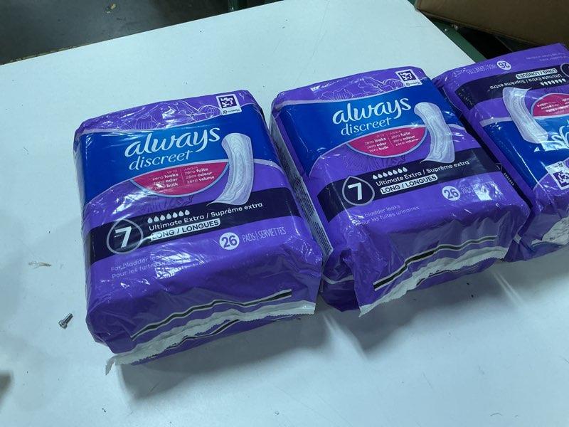 Condition photo showing New/Like New for (3 pack of 26)always discreet ultimate extra protect postpartum incontinence pads
