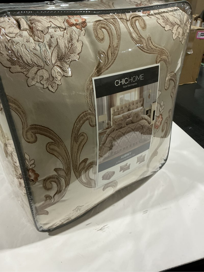 Condition photo showing Good Condition for Chic Home 9 Piece Aubrey Decorator Upholstery Comforter Set and Pillows Ensemble, Queen, Beige