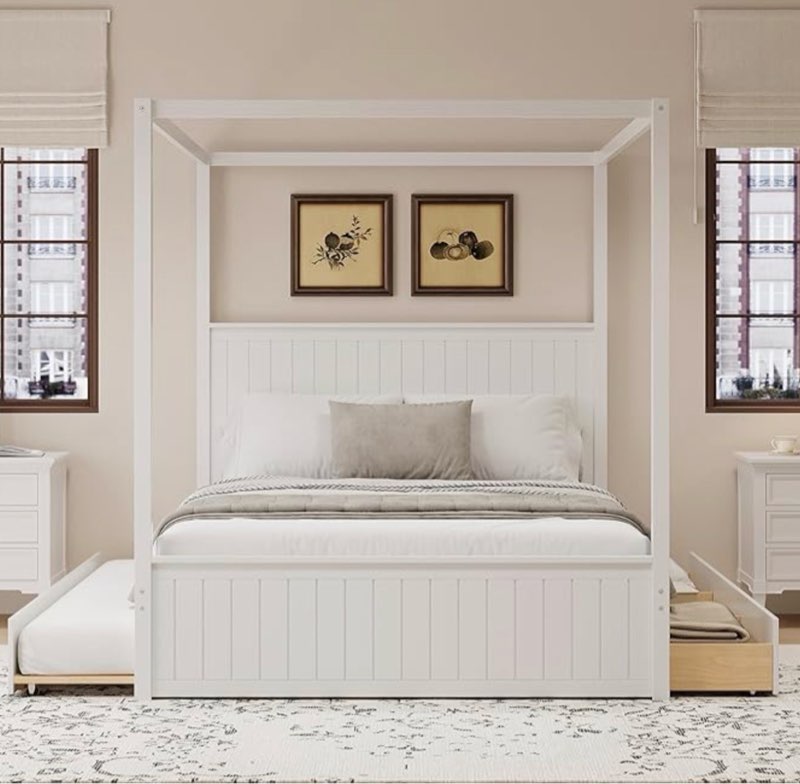 INCOMPLETE Merax Modern Queen Size Canopy Platform Bed with Trundle and 3 Storage Drawers,4-Post Solid Wood Bed Frame with Headboard,No Box Spring Needed,White