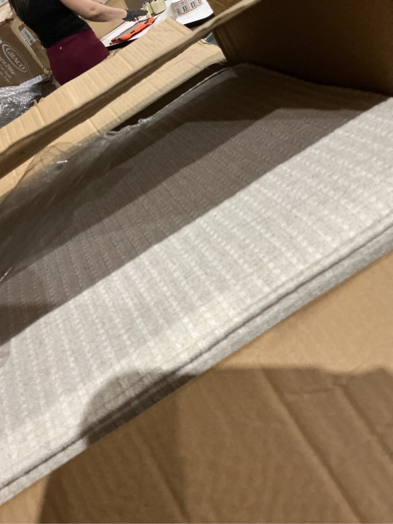 Condition photo showing Good Condition for homepop home decor | upholstered modern rectangular storage ottoman | hinged lid ottoman with storage for living room & bedroom, white woven stripe