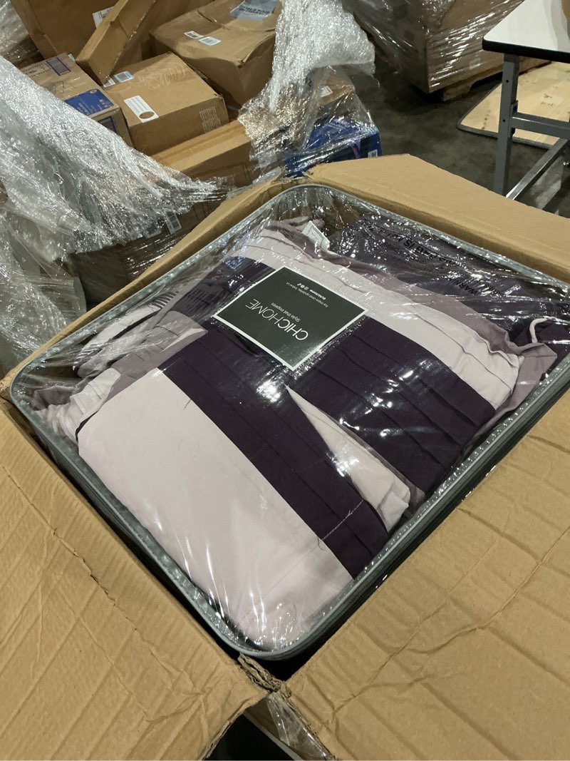 Condition photo showing Good Condition for chic home plum bed in a bag comforter set, king size (10 pieces), ayelet - color blocked stripes premium microfiber bedding - comforter, flat & fitted sheets, shams, pillowcases & decorative pillows king plum