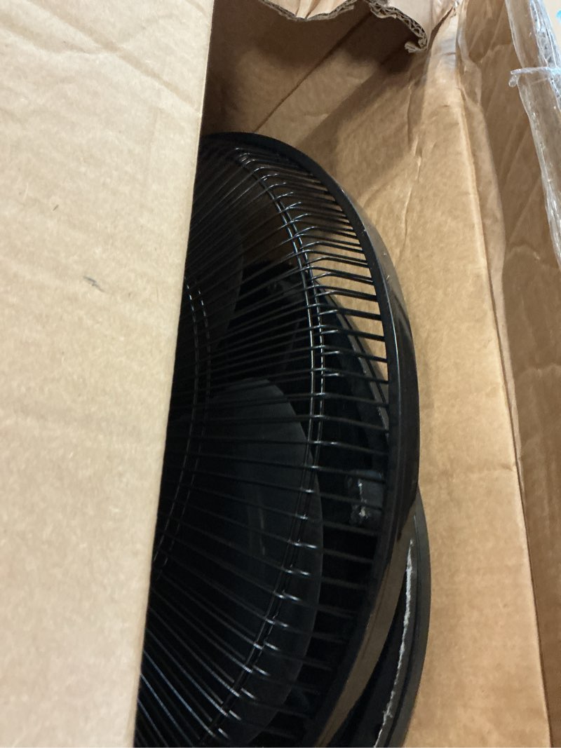 Condition photo showing As Is for amazon basics 16" pedestal fan with remote for bedroom, living room, office, adjustable height, dual-layered blades, 3 speeds, 3 modes, timer, tilt head, 60w, black 3-speed, ac motor