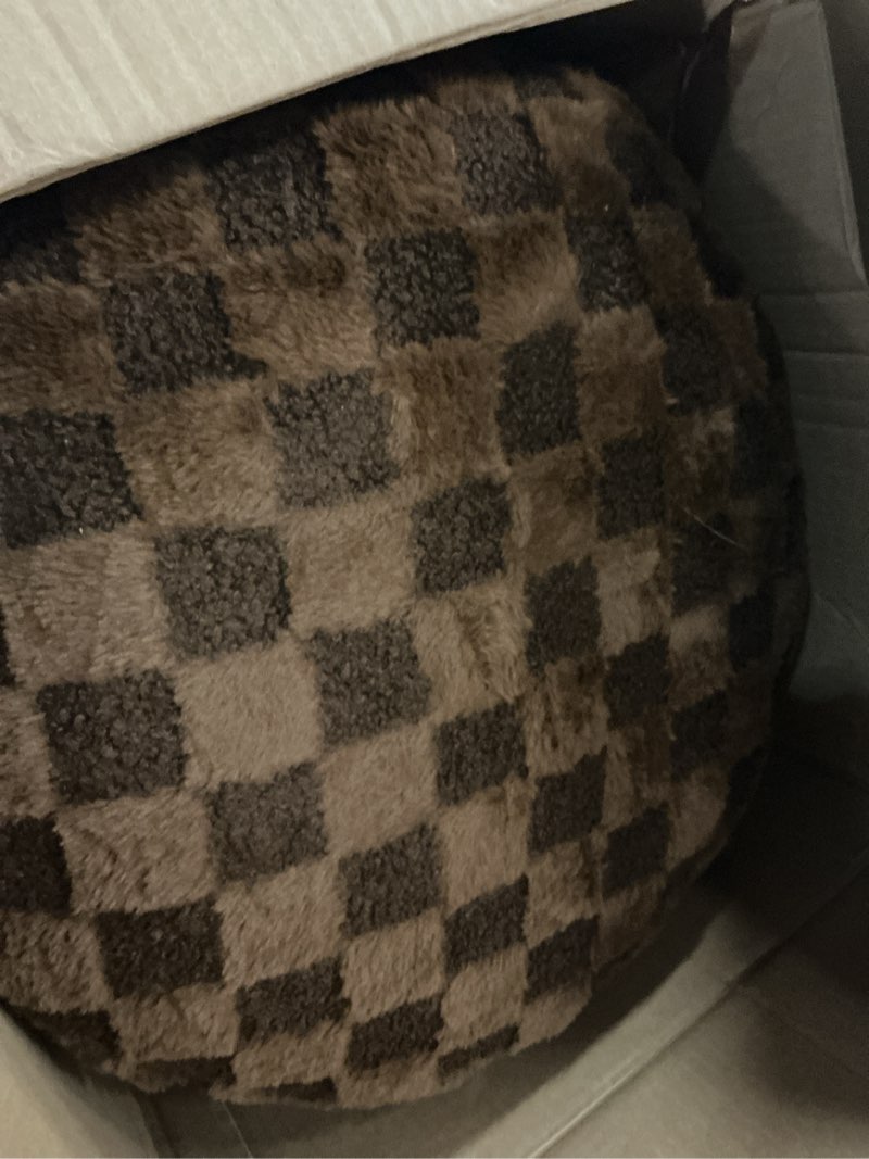 Condition photo showing Good Condition for higogogo round stuffed pouf ottoman, plaid poufs with foam chunk filling, fluffy and furry pouf foot stool storage ottoman, 20 x 15 floor poufs foot rest for living room, coffee 20 inch plaid coffee