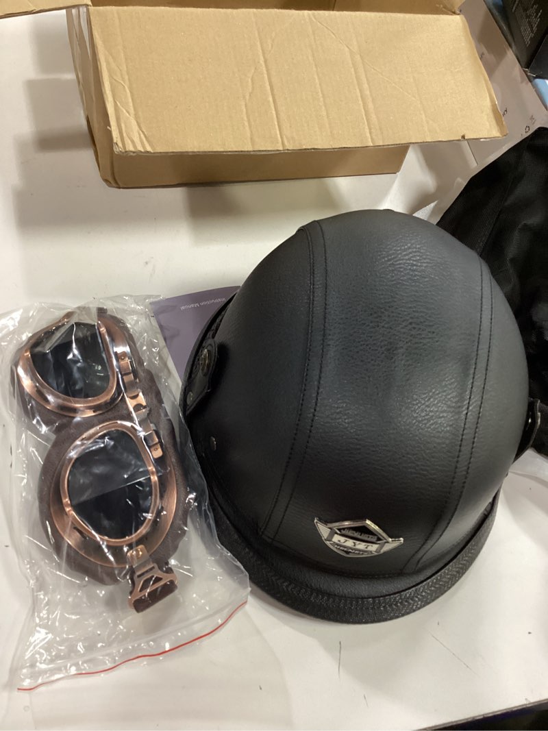 Condition photo showing New/Like New for Motorcycle Half Helmet Retro German Handmade Leather Half Face Quick Release Buckle & Goggles - DOT Approved (Black, L) Black Large