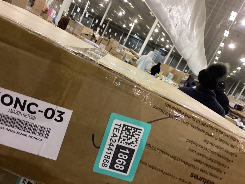 Condition photo showing New/Like New for Vintage Bohemian Empire Chandelier Fan with 64 Wood Bead Strands, 7-Blade Invisible Fan, Antique White Gold Finish Ceiling Fan for Living Room, Bedroom(White Gold, 20'' Boho Style) White Gold + Wood Bead 20'' Bohemia Style