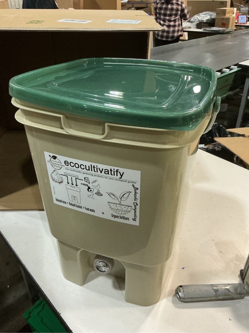 Condition photo showing Good Condition for SCD Probiotics Indoor Composter Bucket – 5 Gallon, Tan Compost Bin for Kitchen Countertop with Lid, Spigot and Strainer for Easy Start Bokashi Composting