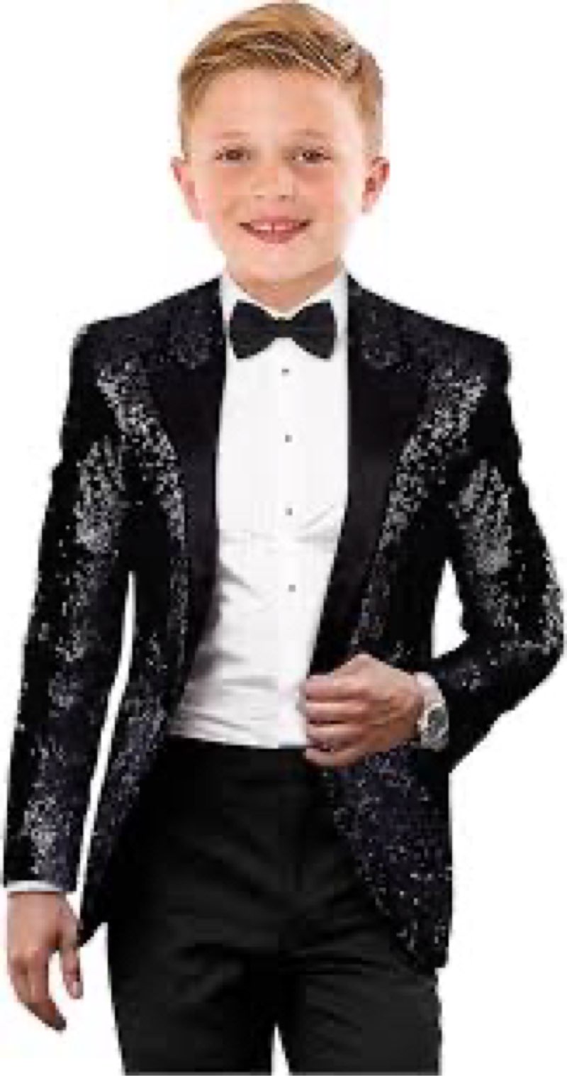 CloudCloth Boys' Slim-Fit Sparkle Tuxedo Suit with Satin Lapel, Black