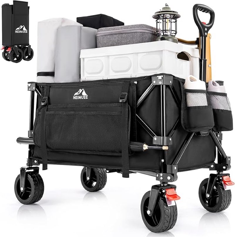 150L Wagon Cart Heavy Duty Foldable, Folding Utility Grocery Wagon with 220lbs Weight Capacity, All-Terrain Wheels for Shopping, Sports, Camping, Garden, Black