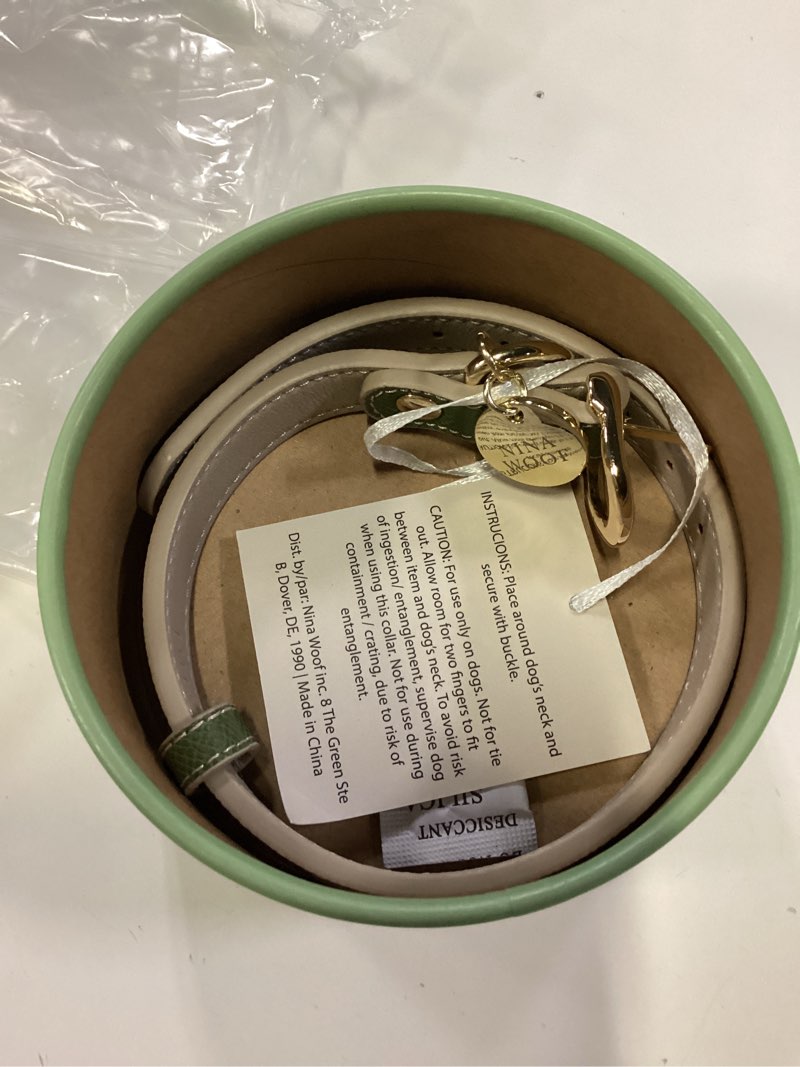 Condition photo showing Good Condition for nina woof copenhagen leather dog collar - handmade with vegan soft leather round padded collar with adjustable buckle for dogs - color olive, medium copenhagen olive m: 15 - 19" neck