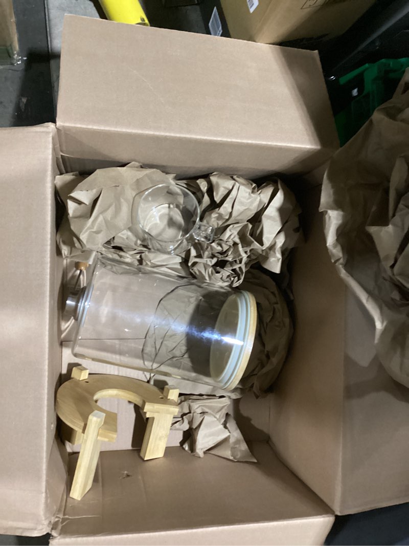 Condition photo showing As Is for rice dispenser, rice storage container, flour and cereal container for kitchen organization and pantry store, glass cereal dispenser with airtight lid and wooden stand 8l