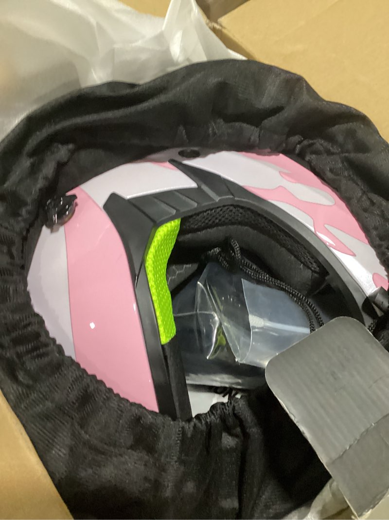 Condition photo showing Good Condition for Youth Kids Dirt Bike Helmet for Boys & Girls,F001 Full Face Motorcycle Helmet for Off-Road ATV Street Riding Four Wheeler Mountain Bike with Goggles Gloves,DOT Approved Pink Flame Large