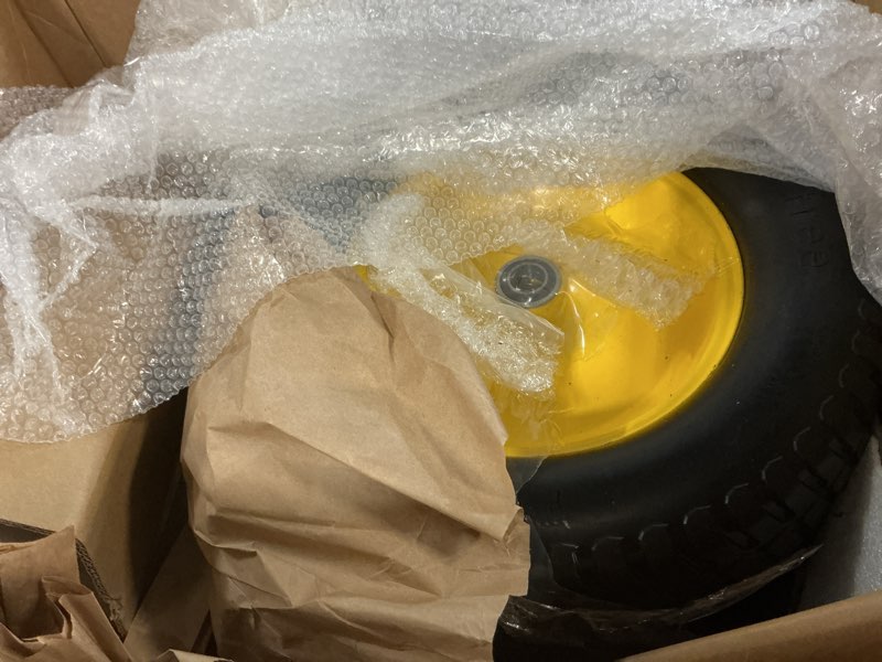 Condition photo showing Good Condition for ar-pro (2 pack) 15x6.00-6 flat free tire and wheel, solid lawn mower front tires with 3" centered hub, 3/4" & 5/8" bearings & 1" bushings, compatible with john deere riding mower lawn tractor