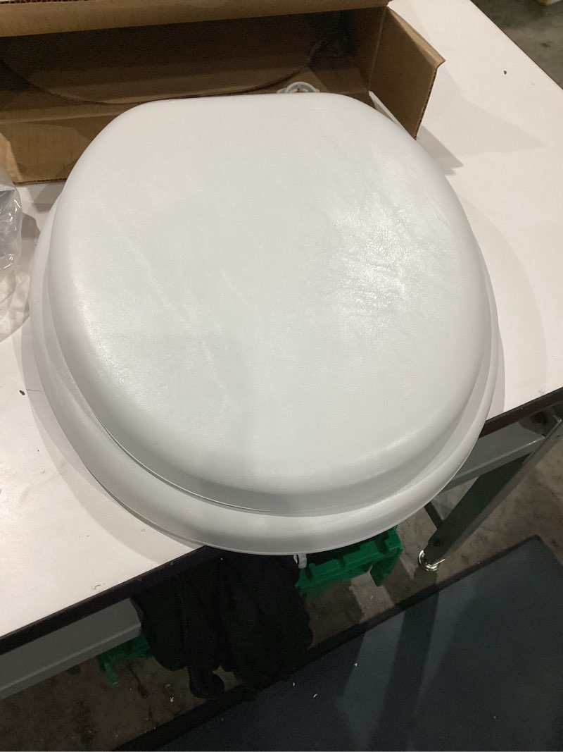 Condition photo showing Good Condition for mayfair padded toilet seat, cushioned soft vinyl over wood core seat, secure hinges, easy clean, made in usa, round, white round white toilet seat
