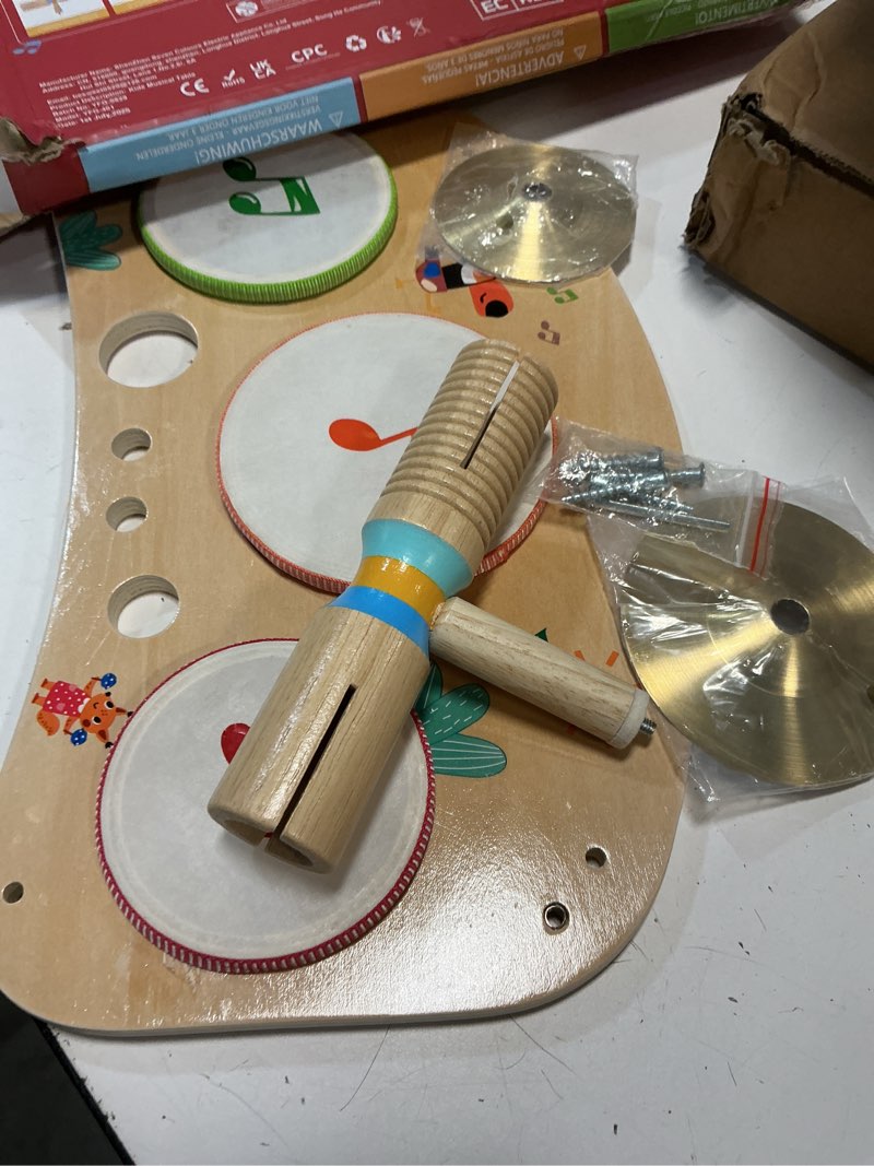 Condition photo showing As Is for wingyz 11-in-1 kids drum set – montessori baby musical toys & wooden musical instruments for toddlers 1-3, music table with bongo drums, cymbals, maracas & wrist bells for early rhythm play