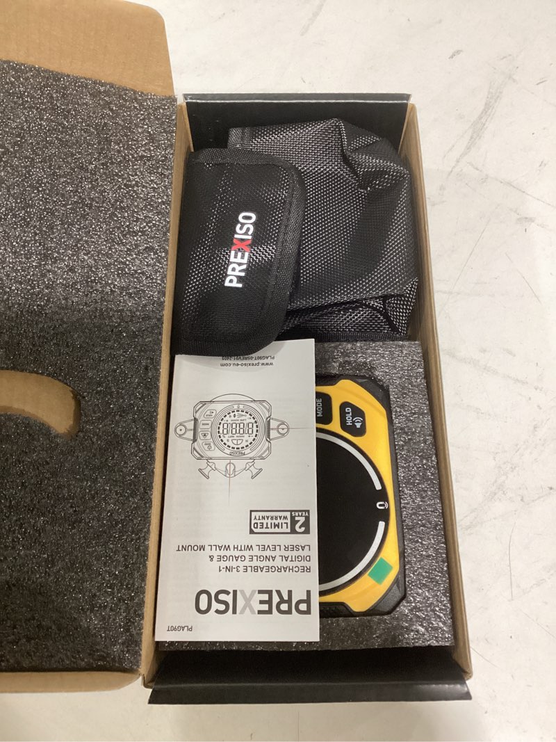 Condition photo showing Good Condition for prexiso 3-in-1 digital angle gauge magnetic with laser level, rechargeable digital level with wall mount base, 0-90° & 0-180° range, angle finder with cross line for woodwork, saw, gift for dad