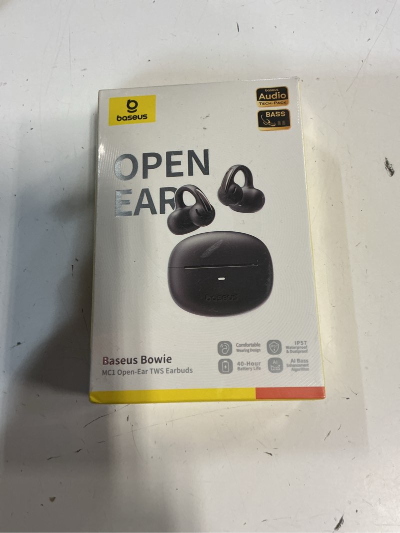 Condition photo showing New/Like New for baseus bowie mc1 open-ear bluetooth earbuds with mic, ip57 waterproof, 40h playtime, black