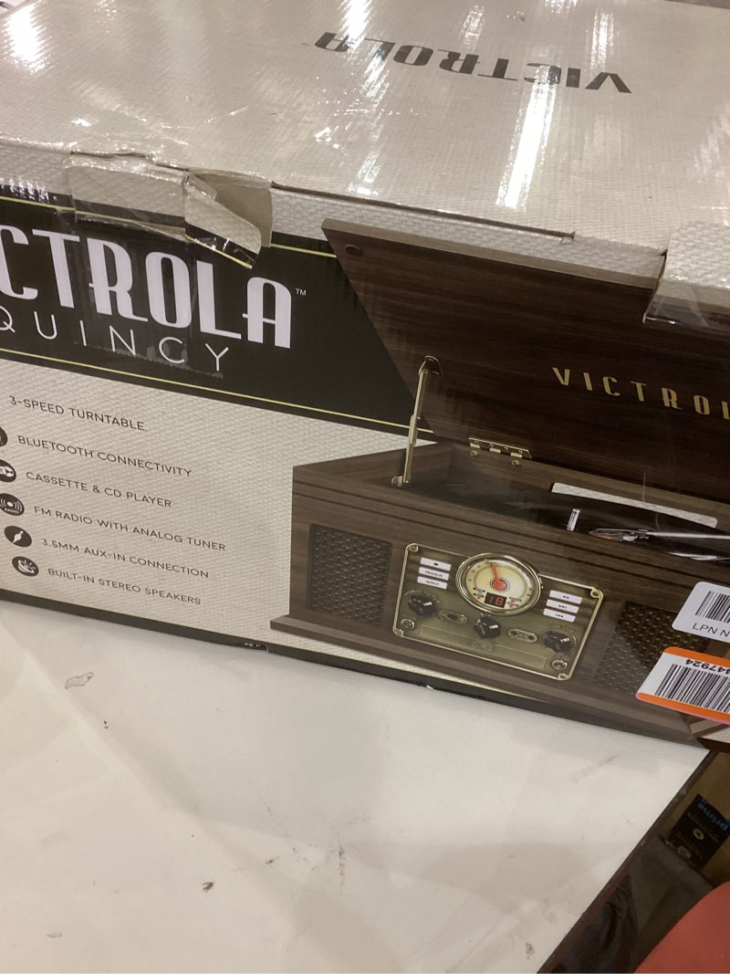 Condition photo showing As Is for Victrola The Quincy 6-in-1 Bluetooth Record Player & Multimedia Center with Built-in Speakers – 3-Speed Turntable, CD & Cassette Player, AM/FM Radio, Wireless Music Streaming (Espresso) Espresso Record Player